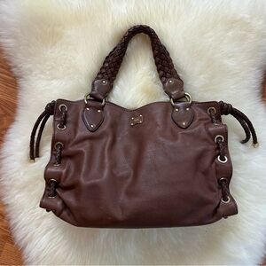 MICHAEL KORS Woodside Satchel Genuine Leather in  Bark / Brown w/ Braided handle
